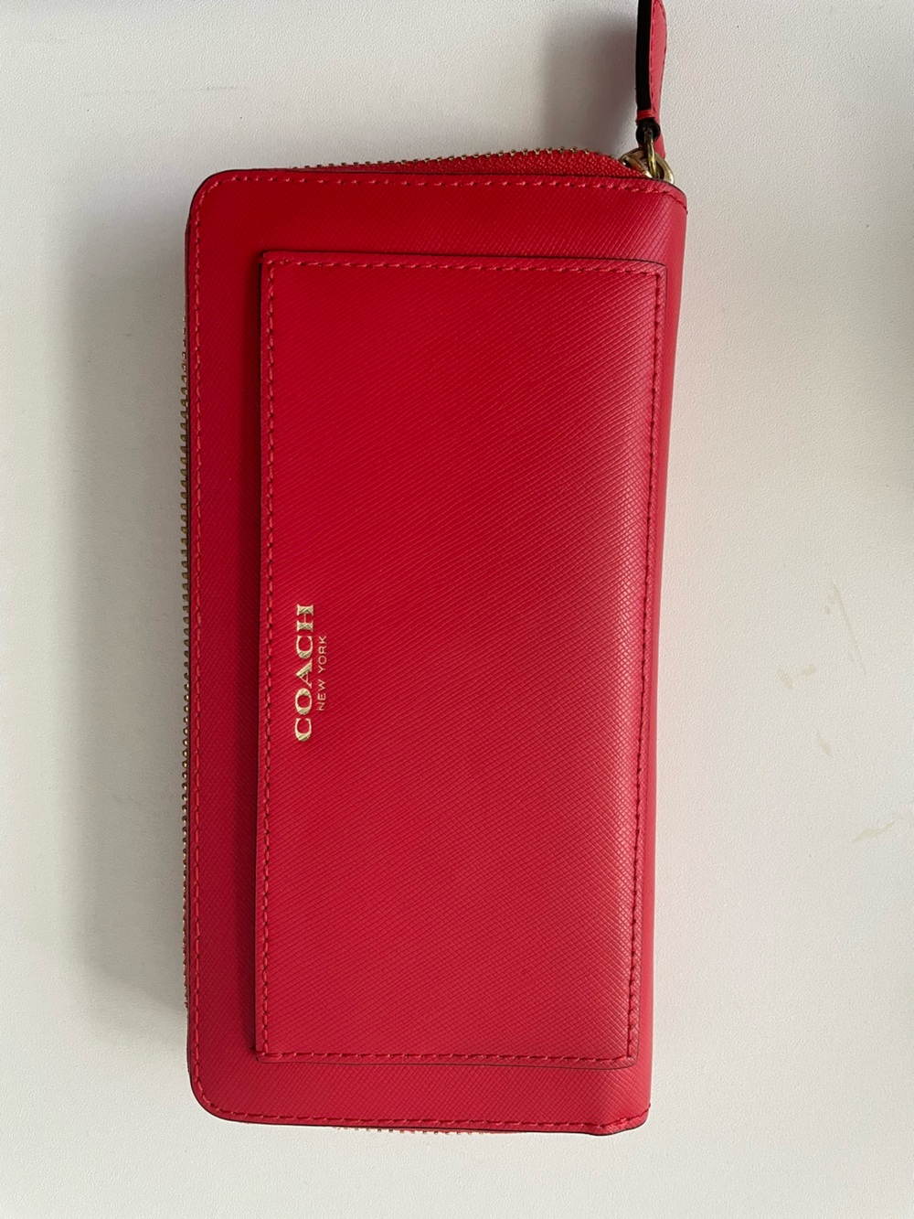 COACH Red Saffiano Leather Zip Wallet with Gold Logo